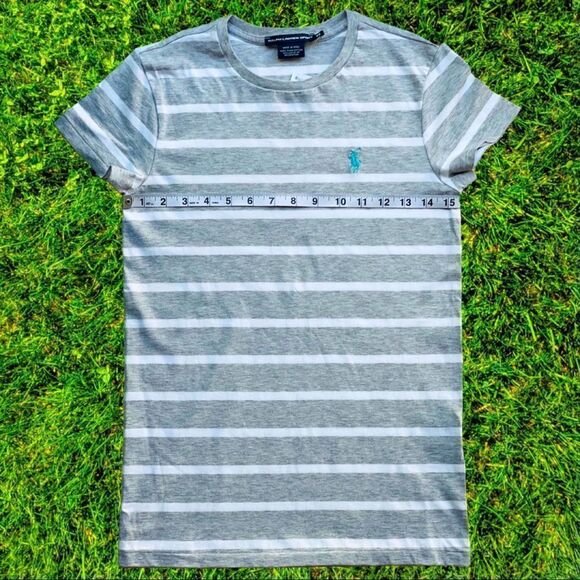 Ralph Lauren Heather Gray and White Striped Cotton Tee with Turquoise Logo - Picture 9 of 10